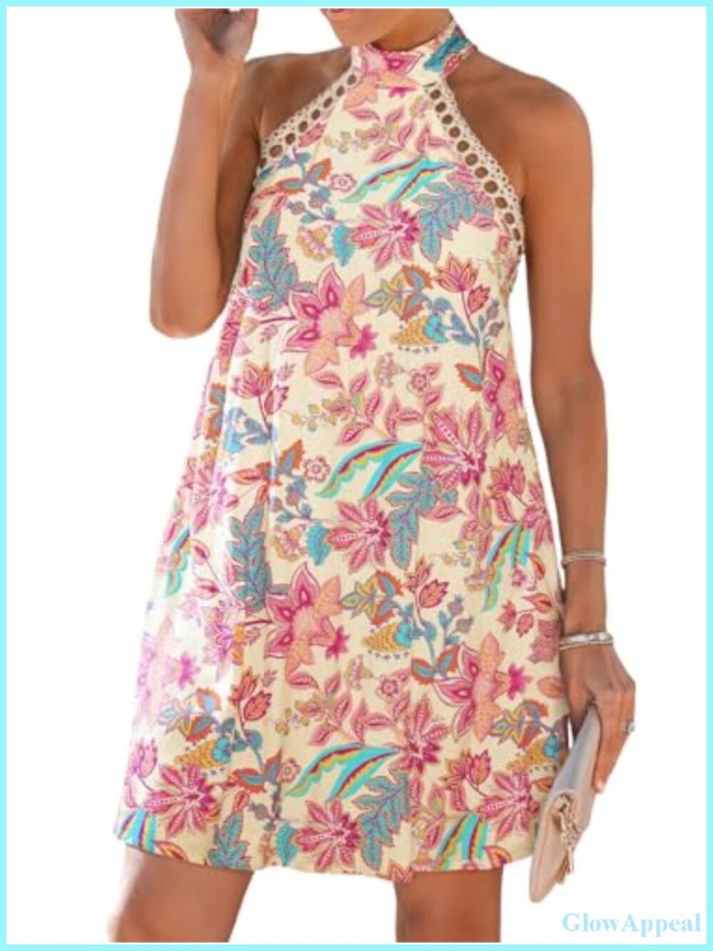 Halter Lace Trim Flowy Mini Dress Summer Beach Vacation